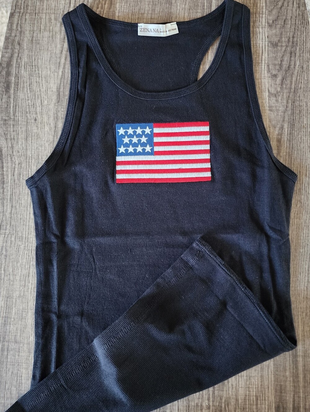 "BLACK" Tank Top with American Embroidered Flag (RIBBED RAZORBACK) CT-3516Y